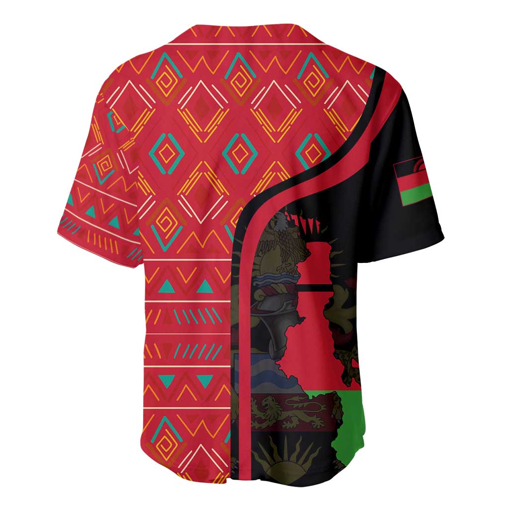 Malawi Patterns African Baseball Jersey Blended with Flag Colors and National Emblem