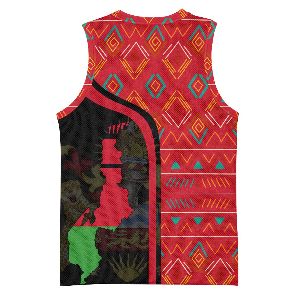 Malawi Patterns African Basketball Jersey Blended with Flag Colors and National Emblem - African Pride