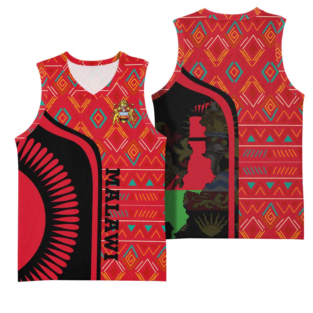 Malawi Patterns African Basketball Jersey Blended with Flag Colors and National Emblem - African Pride