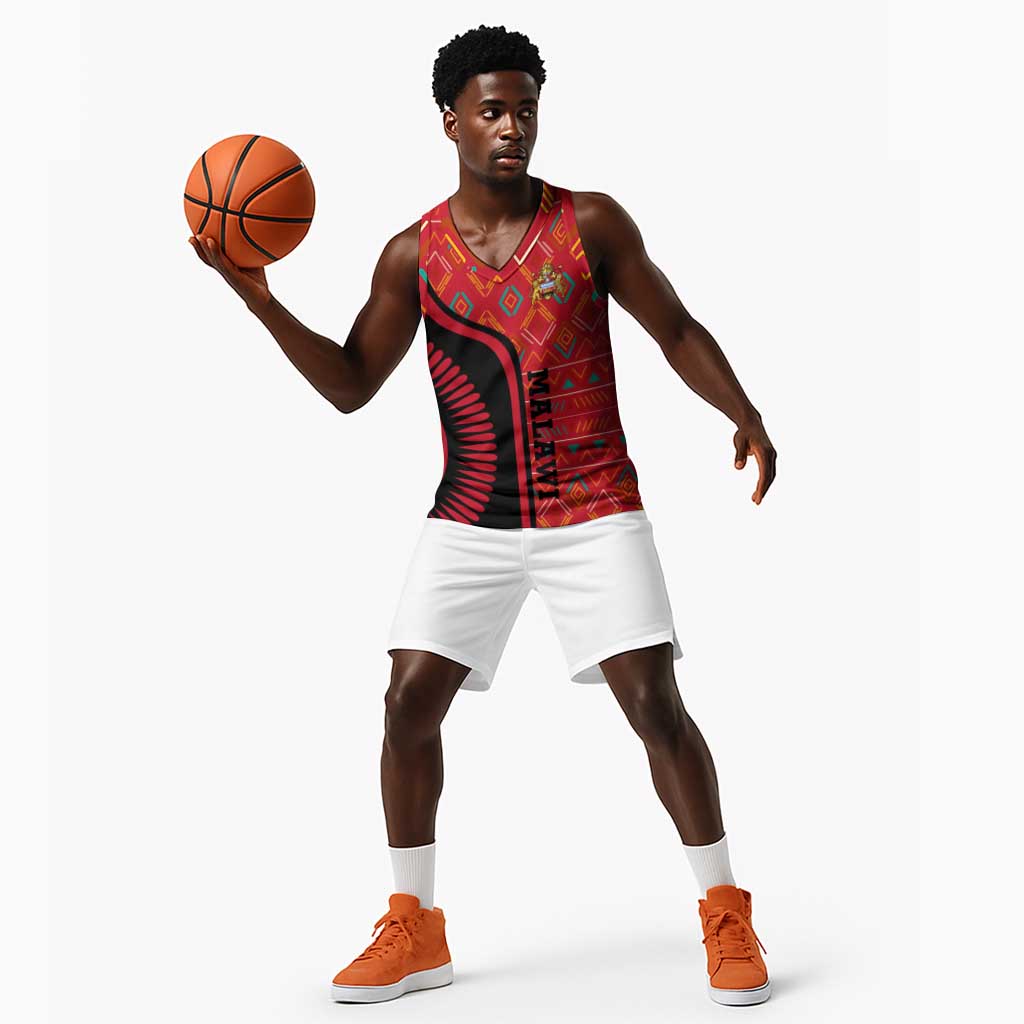 Malawi Patterns African Basketball Jersey Blended with Flag Colors and National Emblem - African Pride