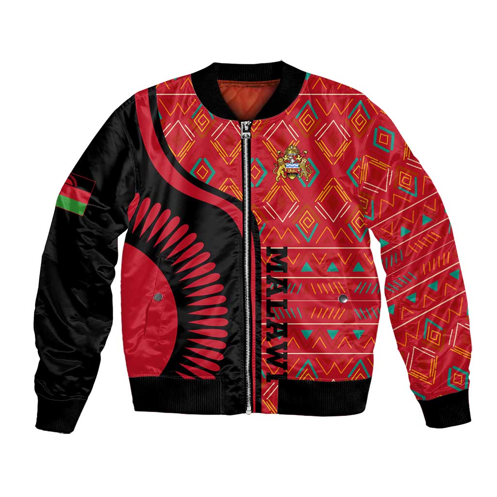 Malawi Patterns African Bomber Jacket Blended with Flag Colors and National Emblem