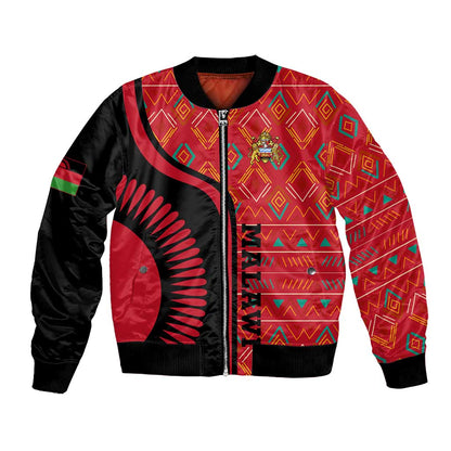 Malawi Patterns African Bomber Jacket Blended with Flag Colors and National Emblem