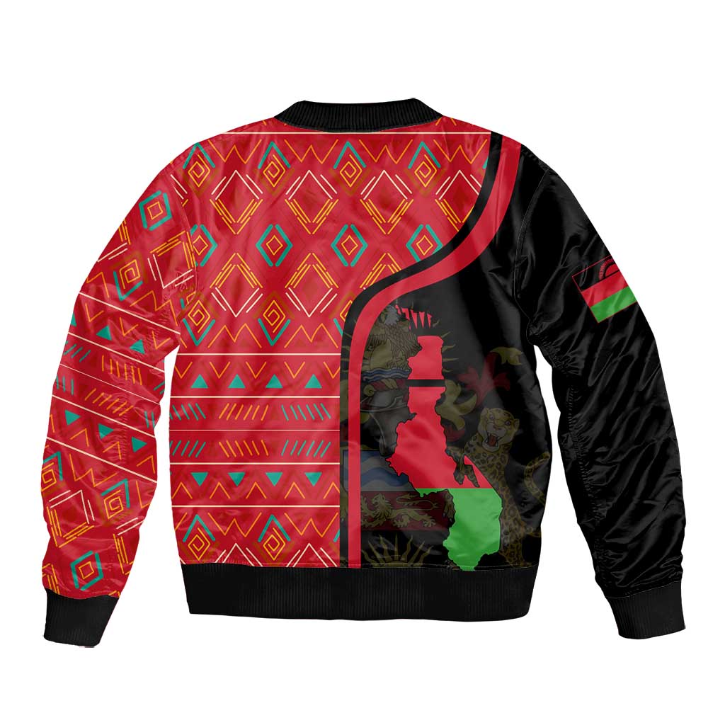 Malawi Patterns African Bomber Jacket Blended with Flag Colors and National Emblem