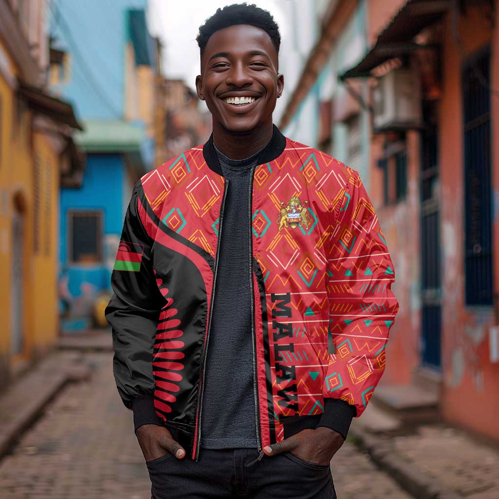 Malawi Patterns African Bomber Jacket Blended with Flag Colors and National Emblem