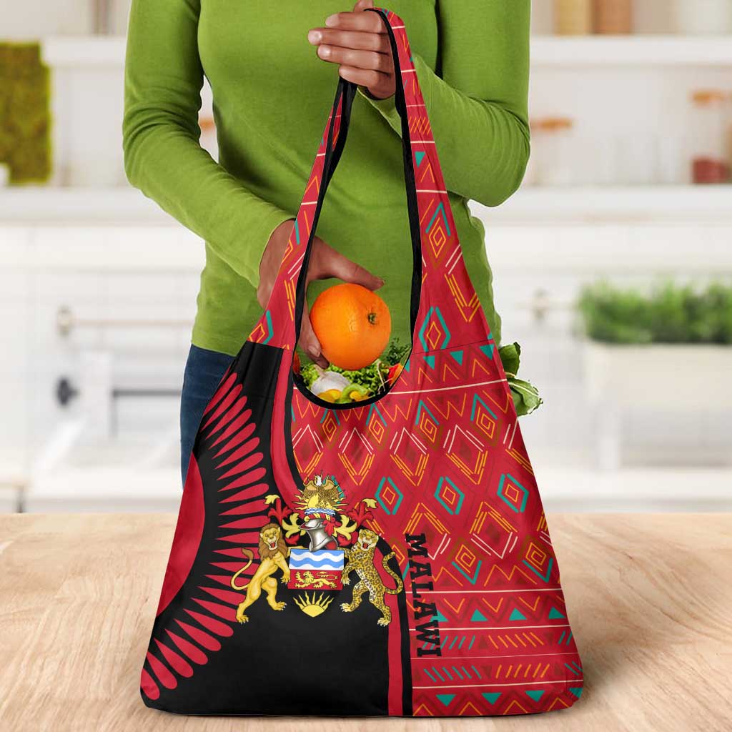 Malawi Patterns African Grocery Bag Blended with Flag Colors and National Emblem