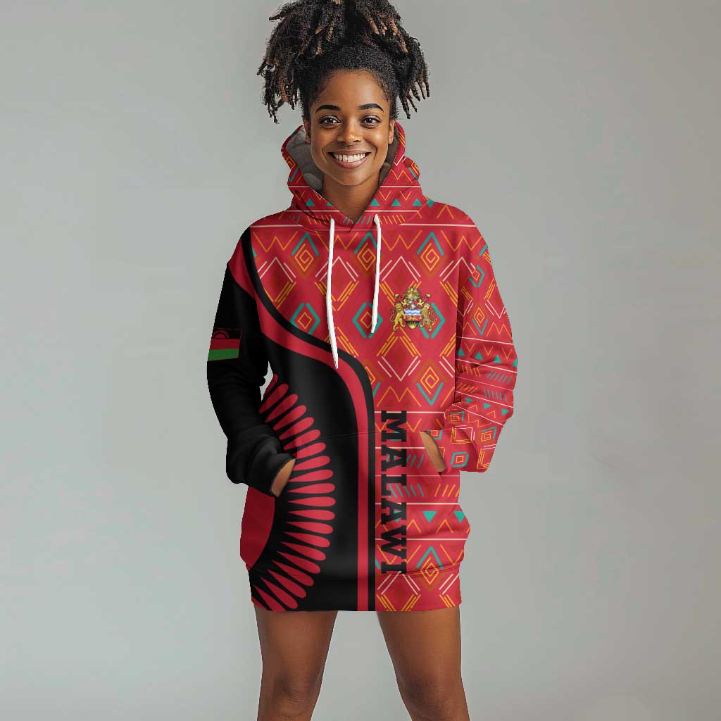 Malawi Patterns African Hoodie Dress Blended with Flag Colors and National Emblem