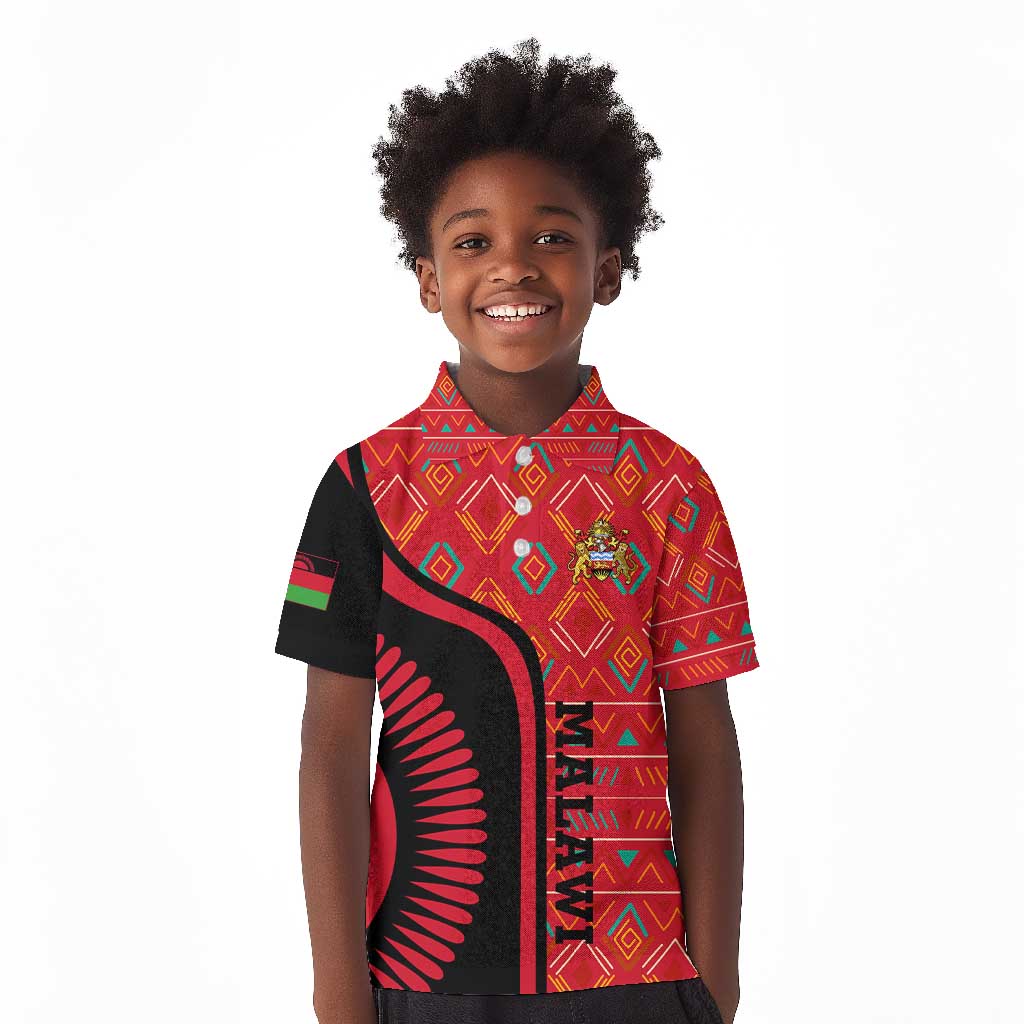 Malawi Patterns African Kid Polo Shirt Blended with Flag Colors and National Emblem