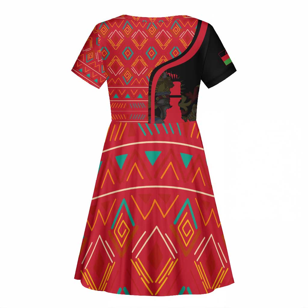 Malawi Patterns African Kid Short Sleeve Dress Blended with Flag Colors and National Emblem