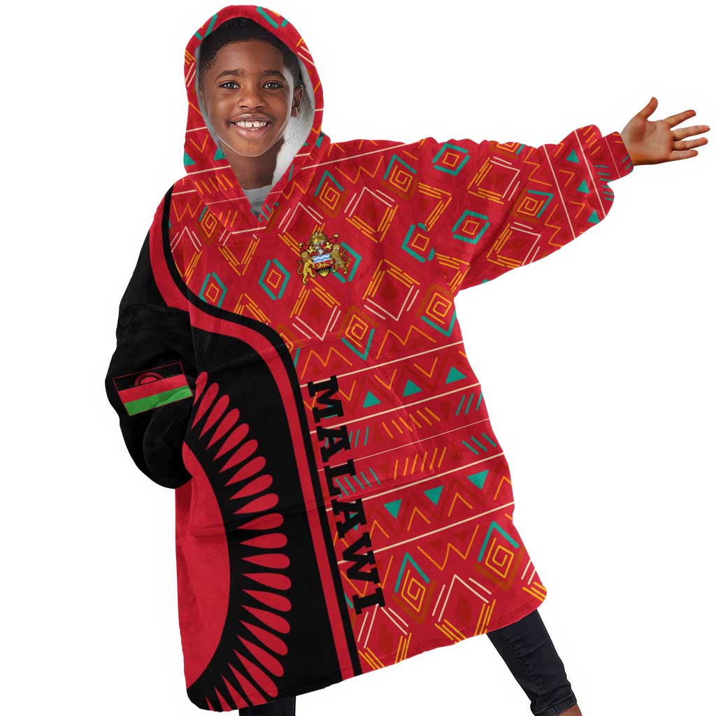 Malawi Patterns African Kid Wearable Blanket Hoodie Blended with Flag Colors and National Emblem