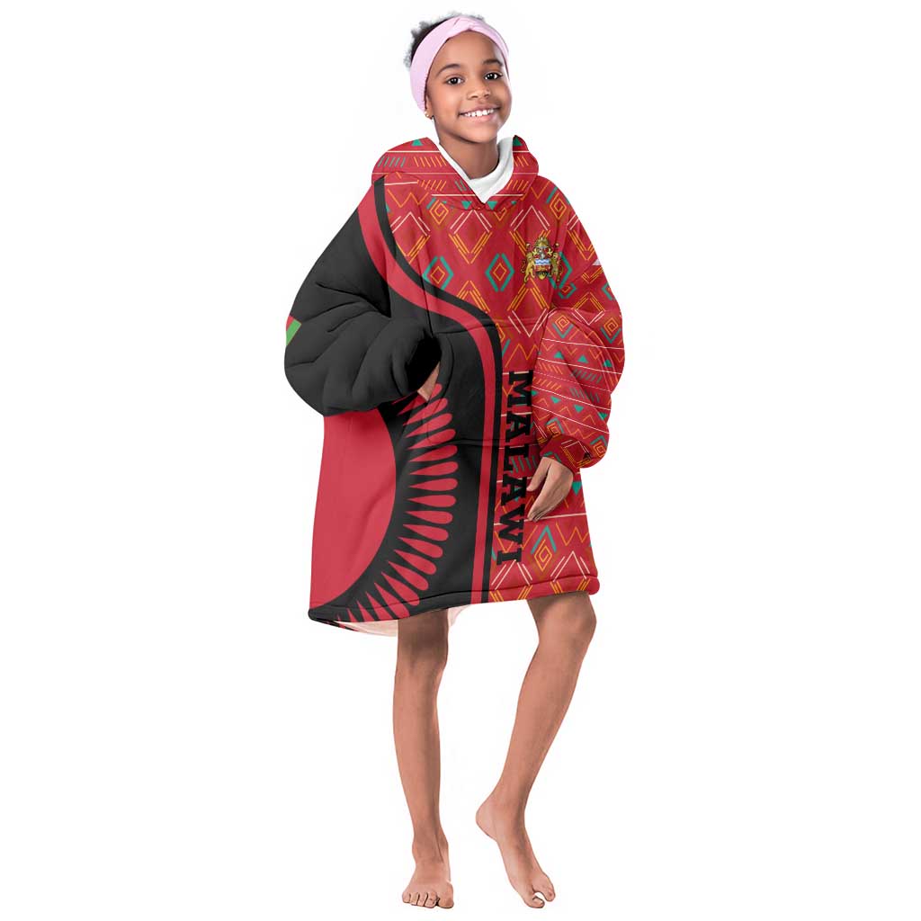 Malawi Patterns African Kid Wearable Blanket Hoodie Blended with Flag Colors and National Emblem