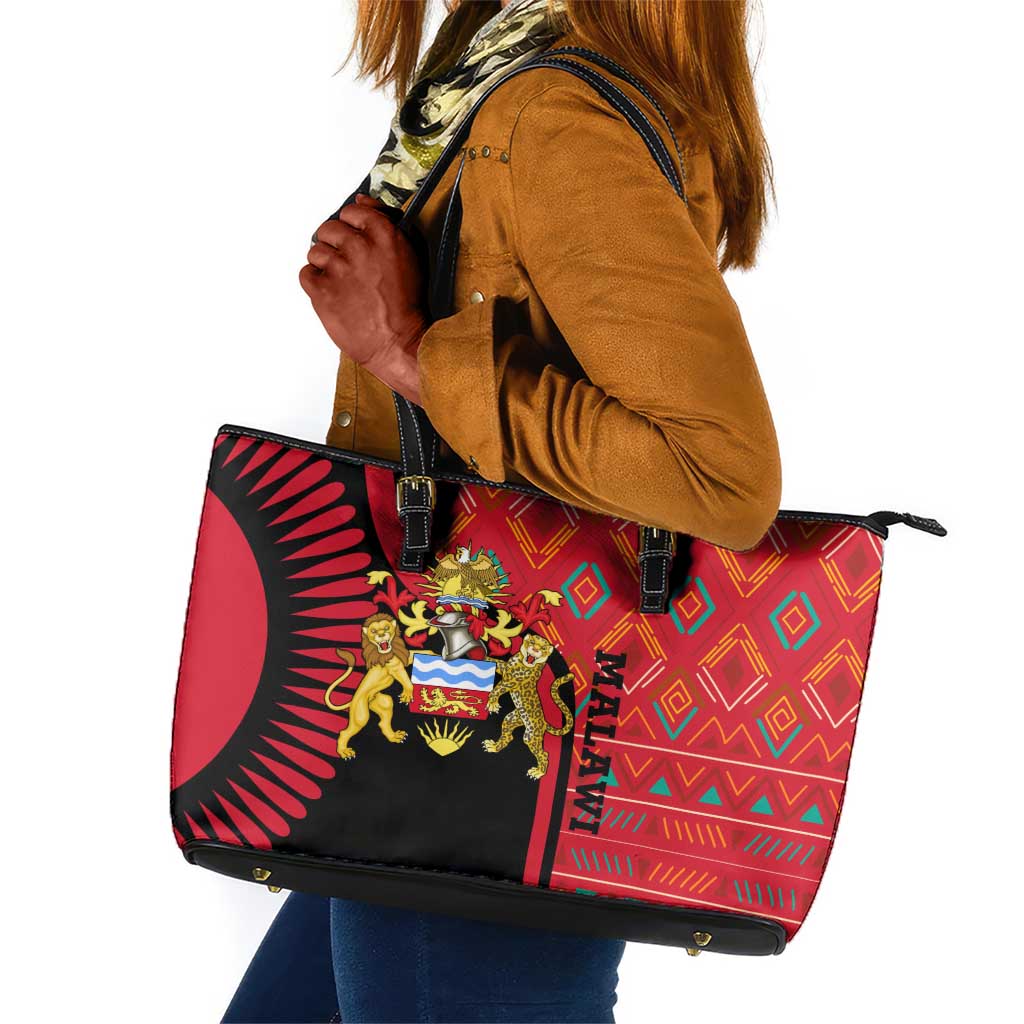 Malawi Patterns African Leather Tote Bag Blended with Flag Colors and National Emblem