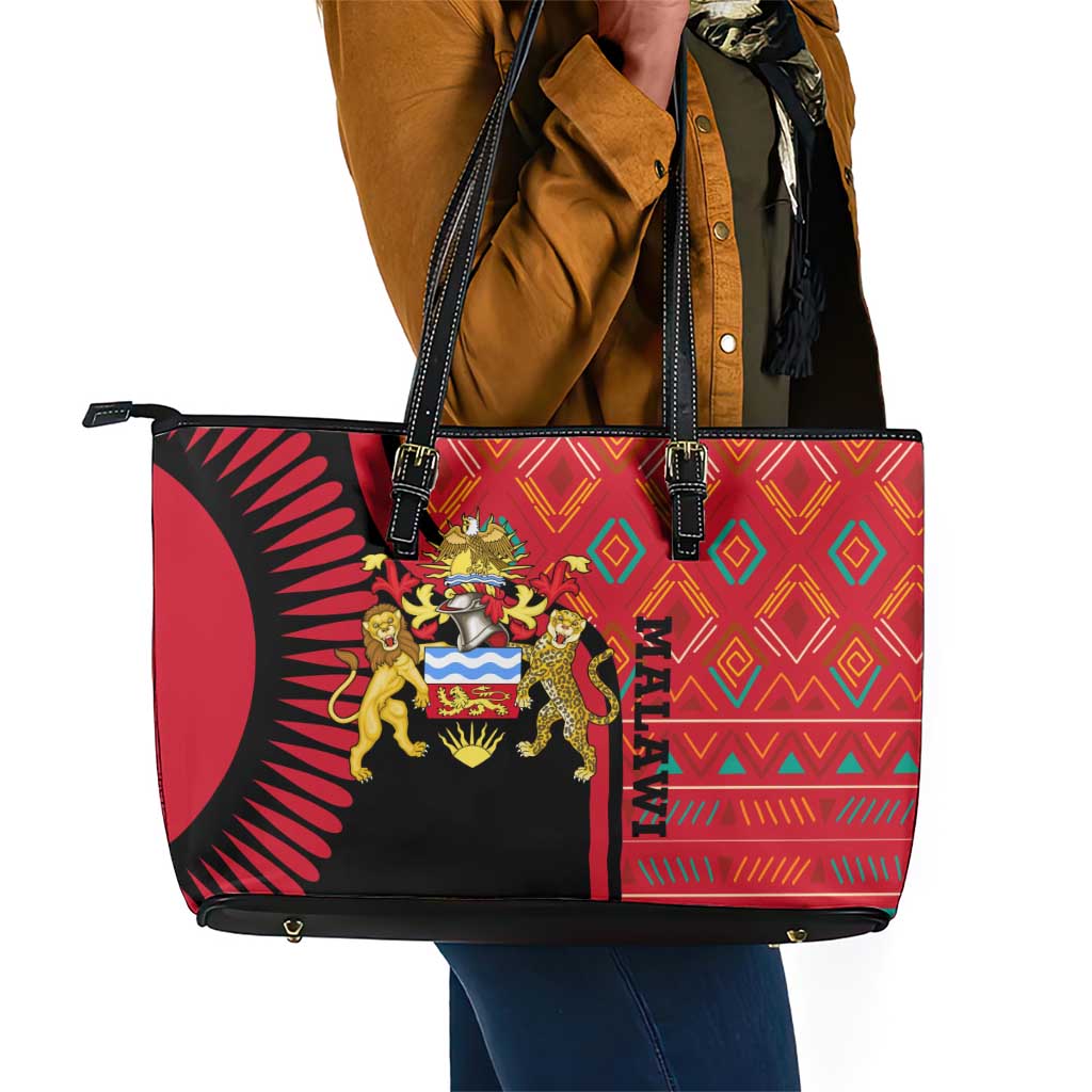 Malawi Patterns African Leather Tote Bag Blended with Flag Colors and National Emblem