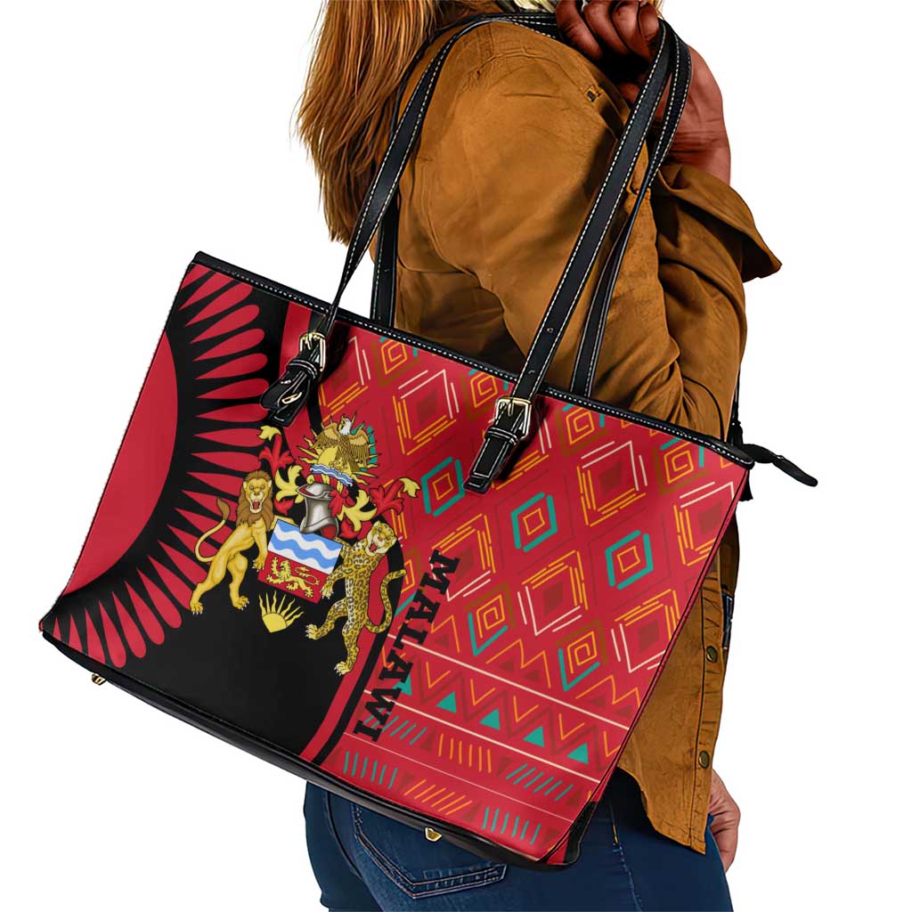 Malawi Patterns African Leather Tote Bag Blended with Flag Colors and National Emblem