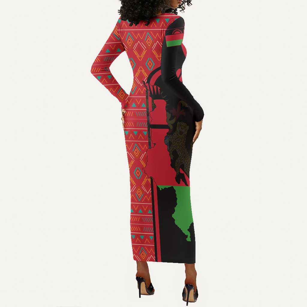 Malawi Patterns African Long Sleeve Bodycon Dress Blended with Flag Colors and National Emblem TS04