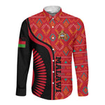 Malawi Patterns African Long Sleeve Button Shirt Blended with Flag Colors and National Emblem