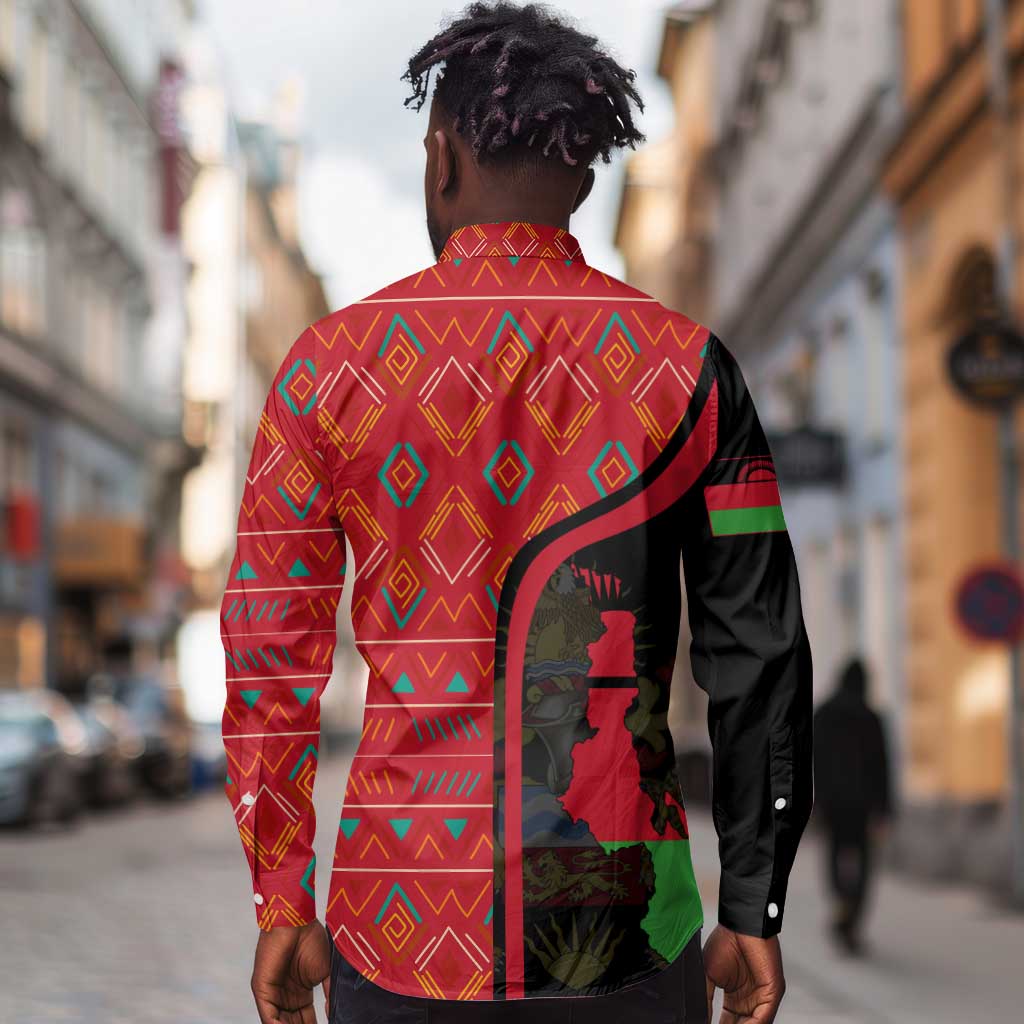 Malawi Patterns African Long Sleeve Button Shirt Blended with Flag Colors and National Emblem