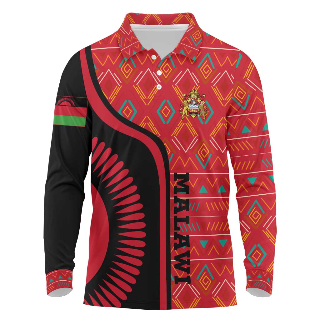 Malawi Patterns African Long Sleeve Polo Shirt Blended with Flag Colors and National Emblem