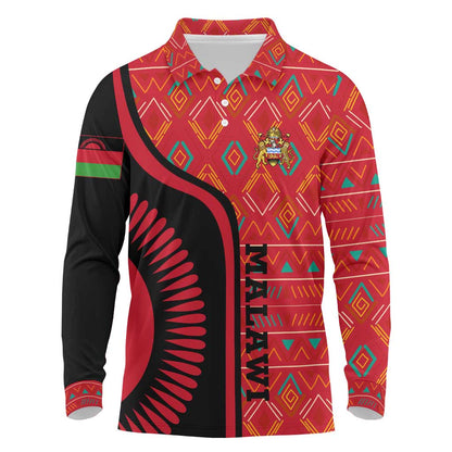 Malawi Patterns African Long Sleeve Polo Shirt Blended with Flag Colors and National Emblem