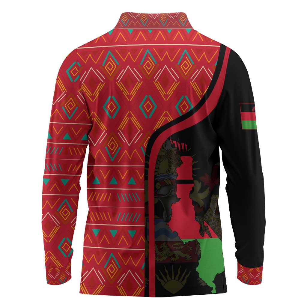 Malawi Patterns African Long Sleeve Polo Shirt Blended with Flag Colors and National Emblem