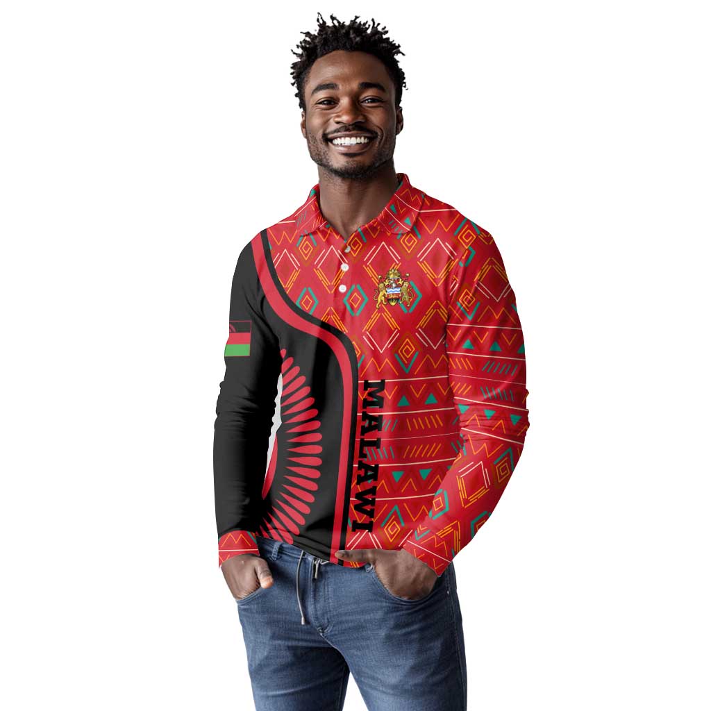 Malawi Patterns African Long Sleeve Polo Shirt Blended with Flag Colors and National Emblem