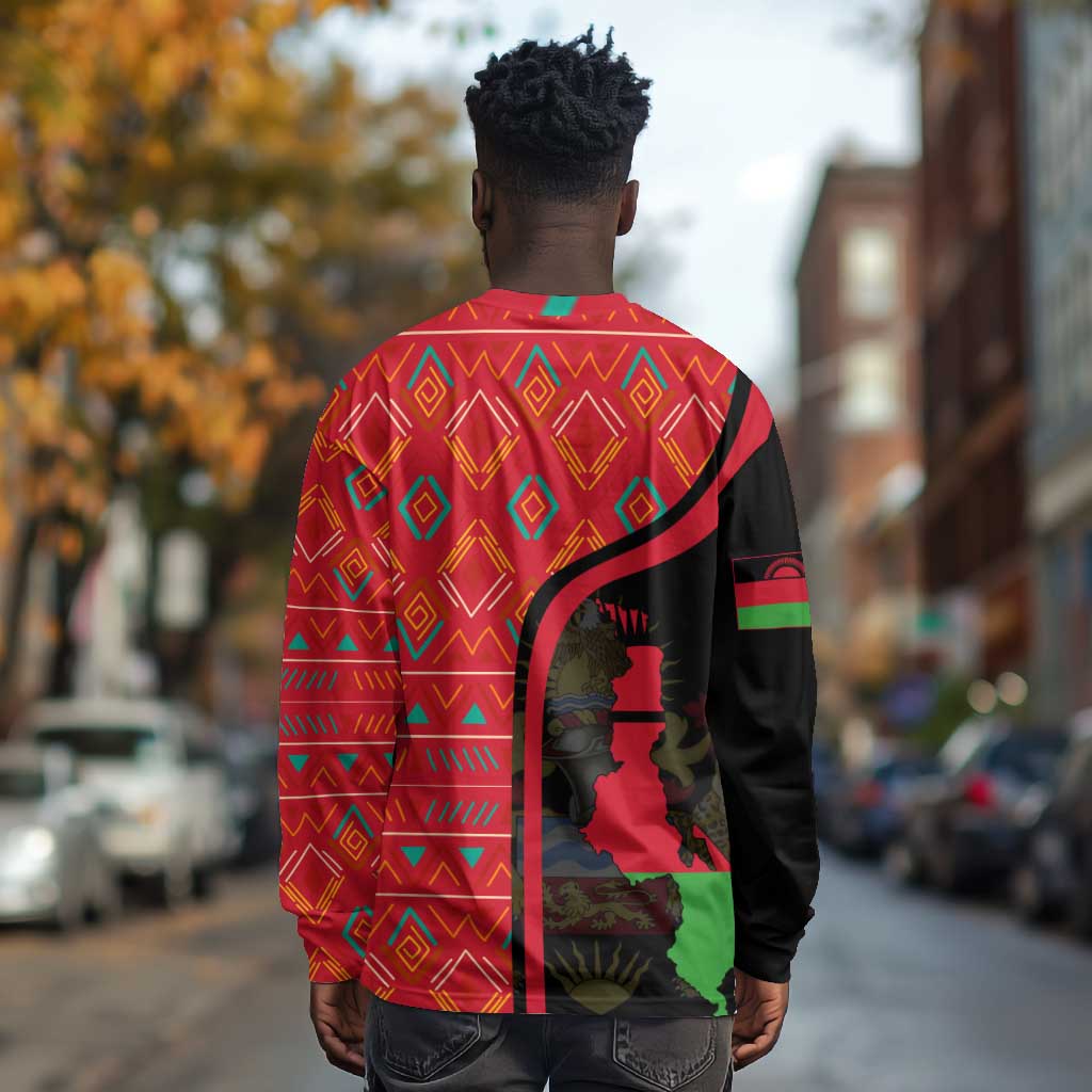 Malawi Patterns African Long Sleeve Shirt Blended with Flag Colors and National Emblem