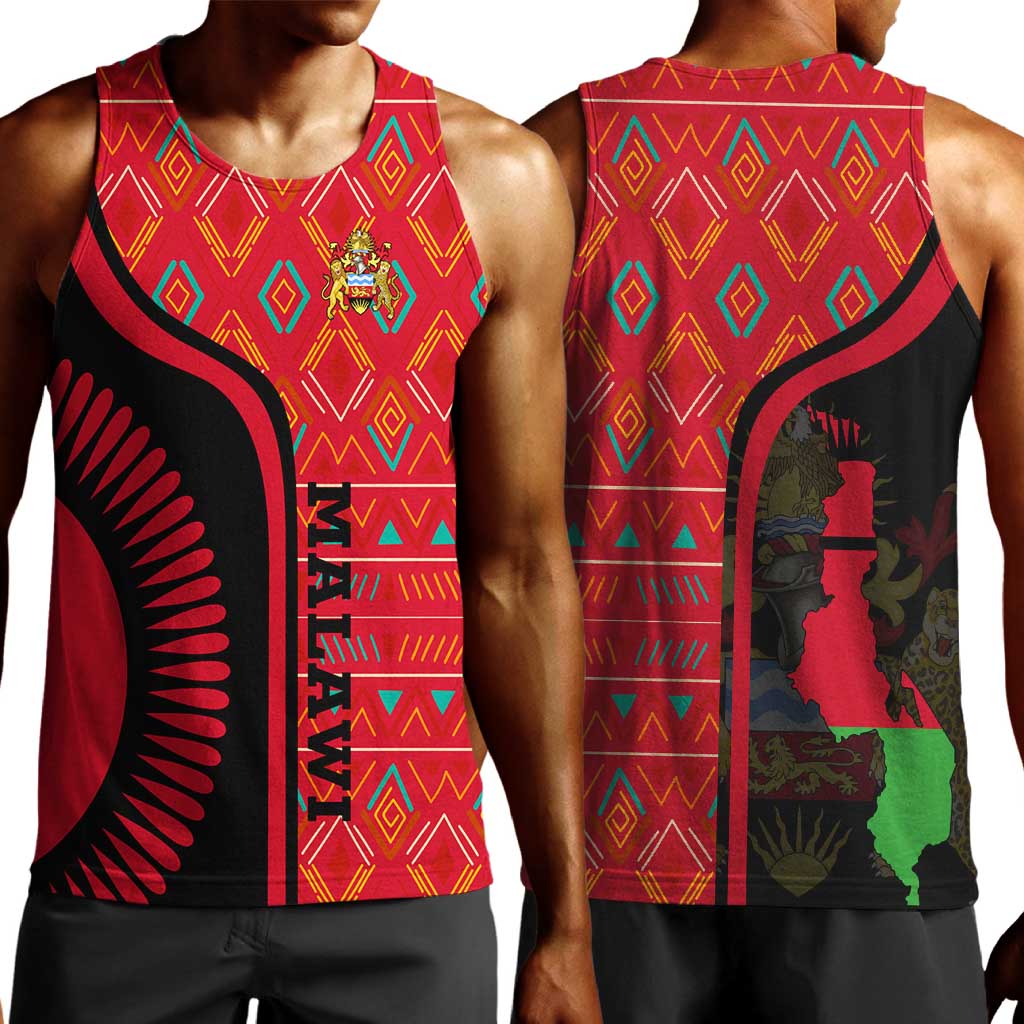 Malawi Patterns African Men Tank Top Blended with Flag Colors and National Emblem