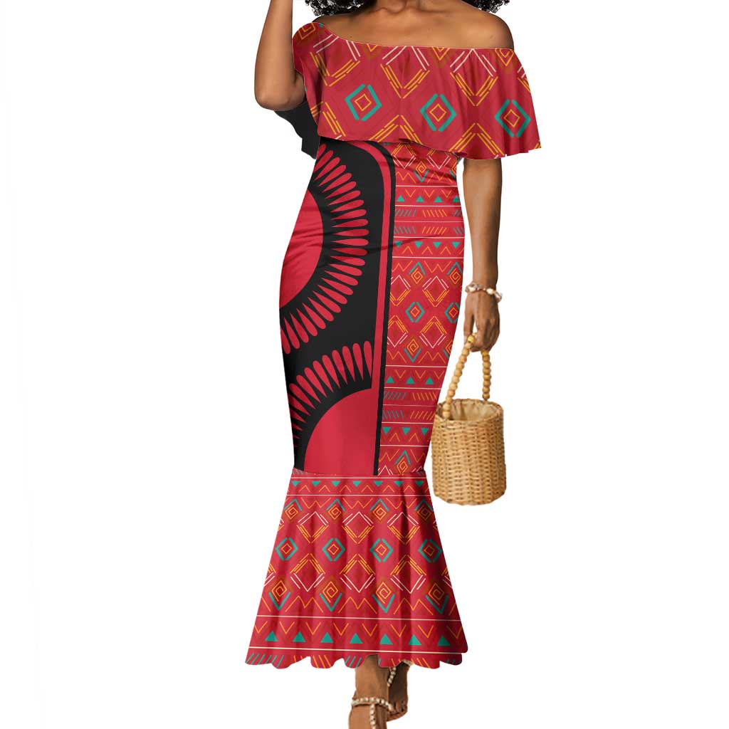 Malawi Patterns African Mermaid Dress Blended with Flag Colors and National Emblem