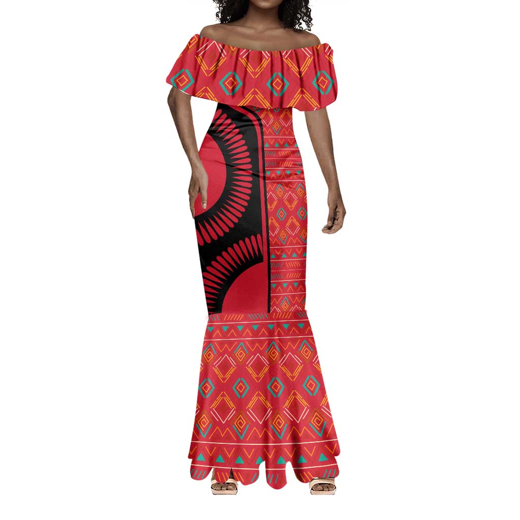 Malawi Patterns African Mermaid Dress Blended with Flag Colors and National Emblem