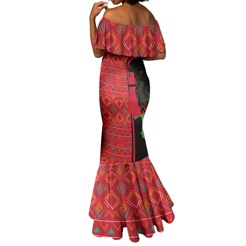 Malawi Patterns African Mermaid Dress Blended with Flag Colors and National Emblem