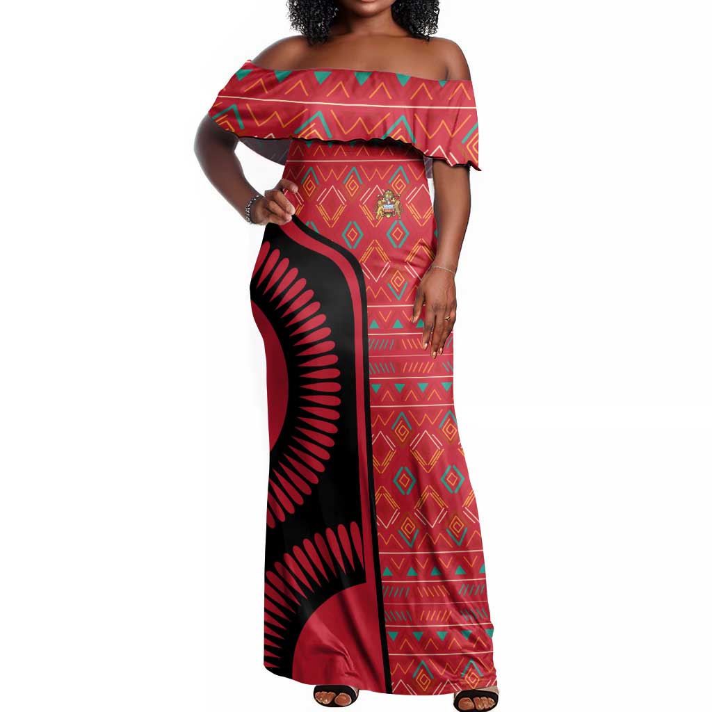 Malawi Patterns African Off Shoulder Maxi Dress Blended with Flag Colors and National Emblem