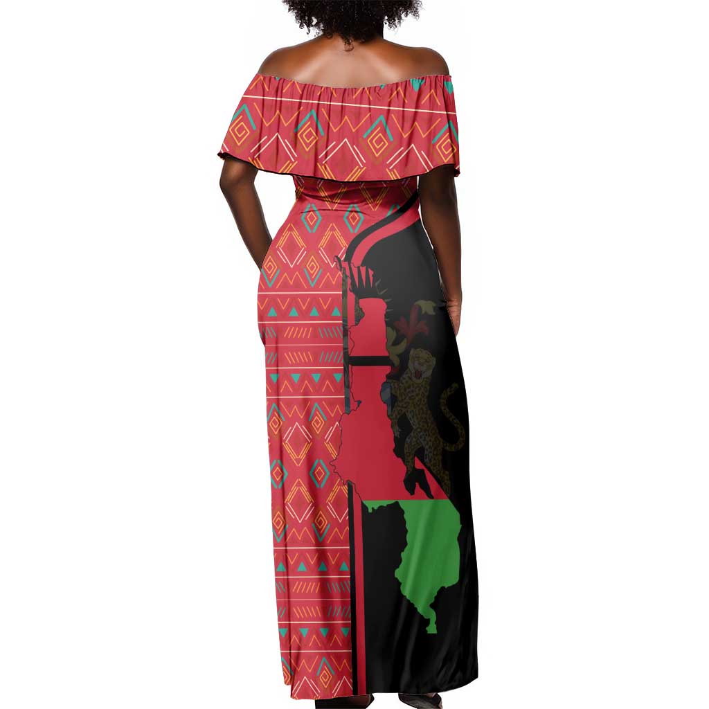 Malawi Patterns African Off Shoulder Maxi Dress Blended with Flag Colors and National Emblem