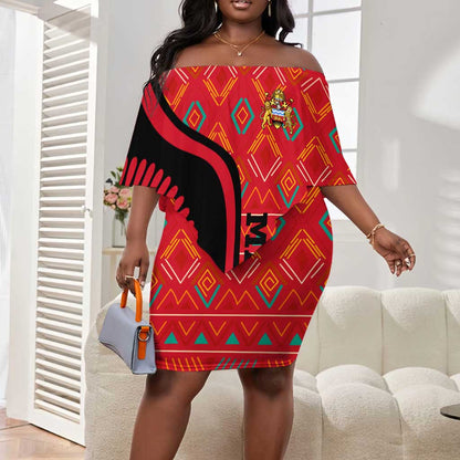 Malawi Patterns African Off Shoulder Short Dress Blended with Flag Colors and National Emblem