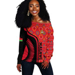 Malawi Patterns African Off Shoulder Sweater Blended with Flag Colors and National Emblem