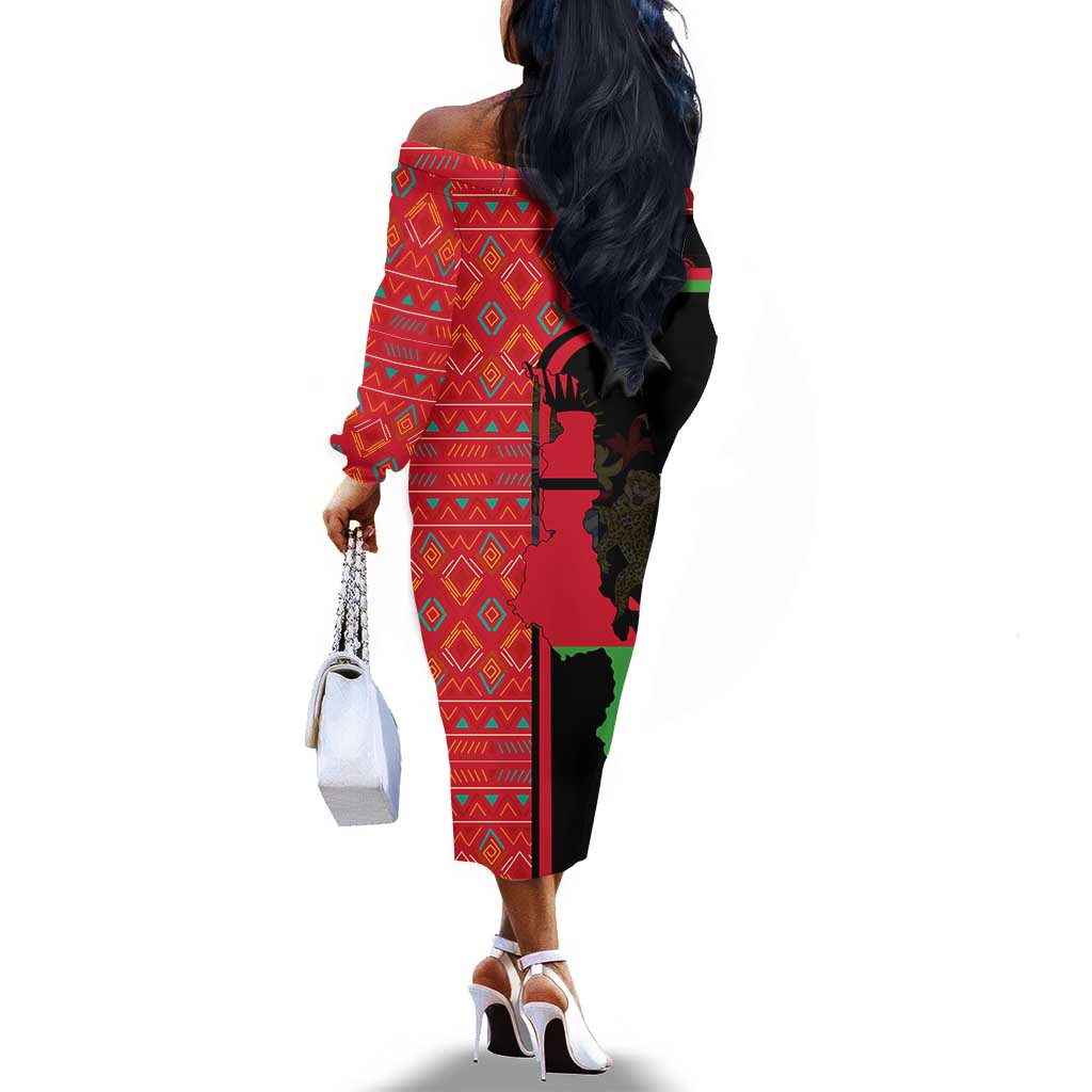 Malawi Patterns African Off The Shoulder Long Sleeve Dress Blended with Flag Colors and National Emblem