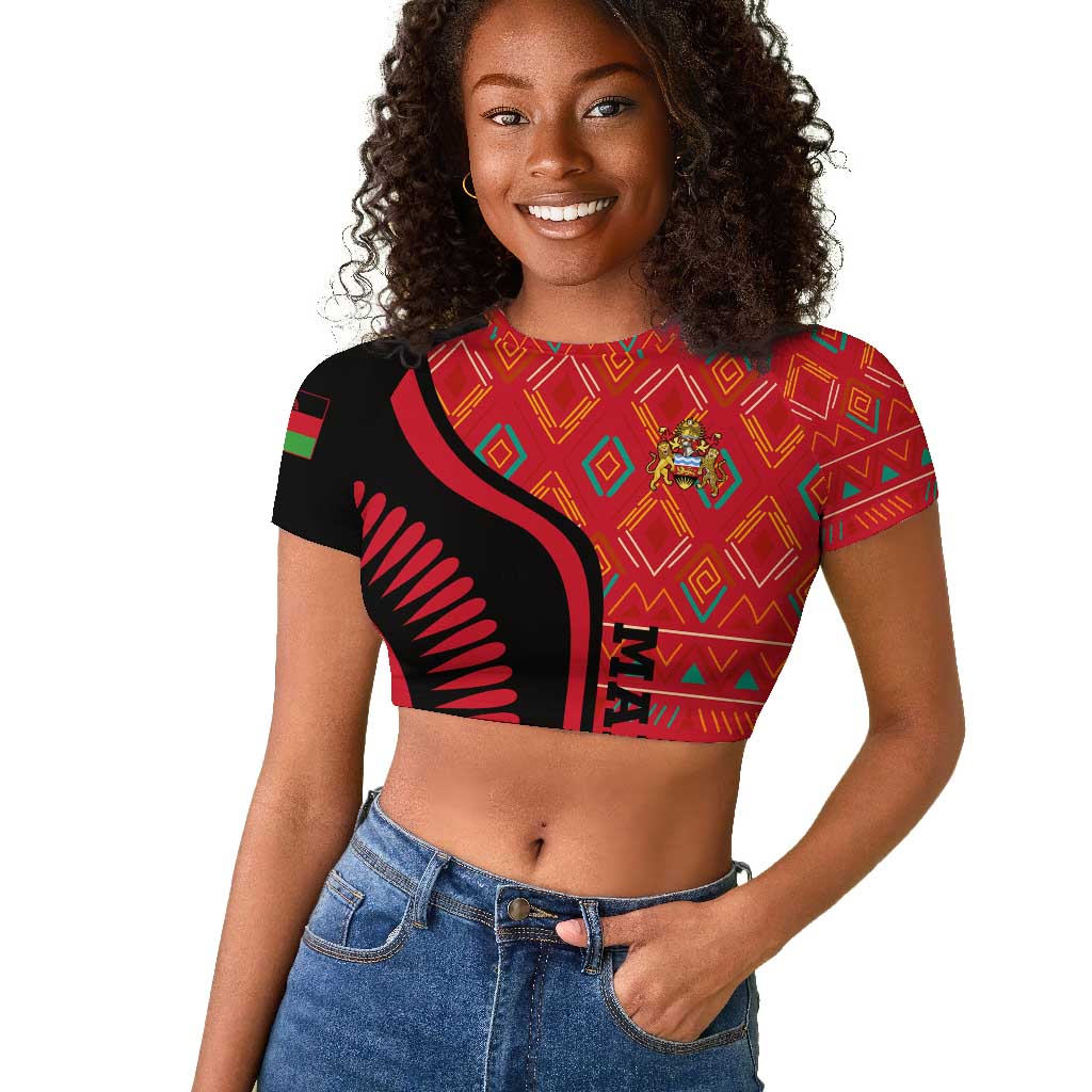 Malawi Patterns African Raglan Cropped T shirt Blended with Flag Colors and National Emblem