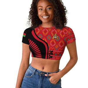 Malawi Patterns African Raglan Cropped T shirt Blended with Flag Colors and National Emblem