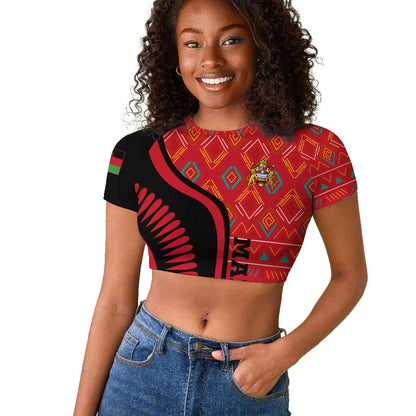 Malawi Patterns African Raglan Cropped T shirt Blended with Flag Colors and National Emblem