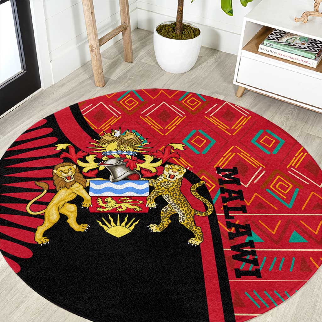 Malawi Patterns African Round Carpet Blended with Flag Colors and National Emblem