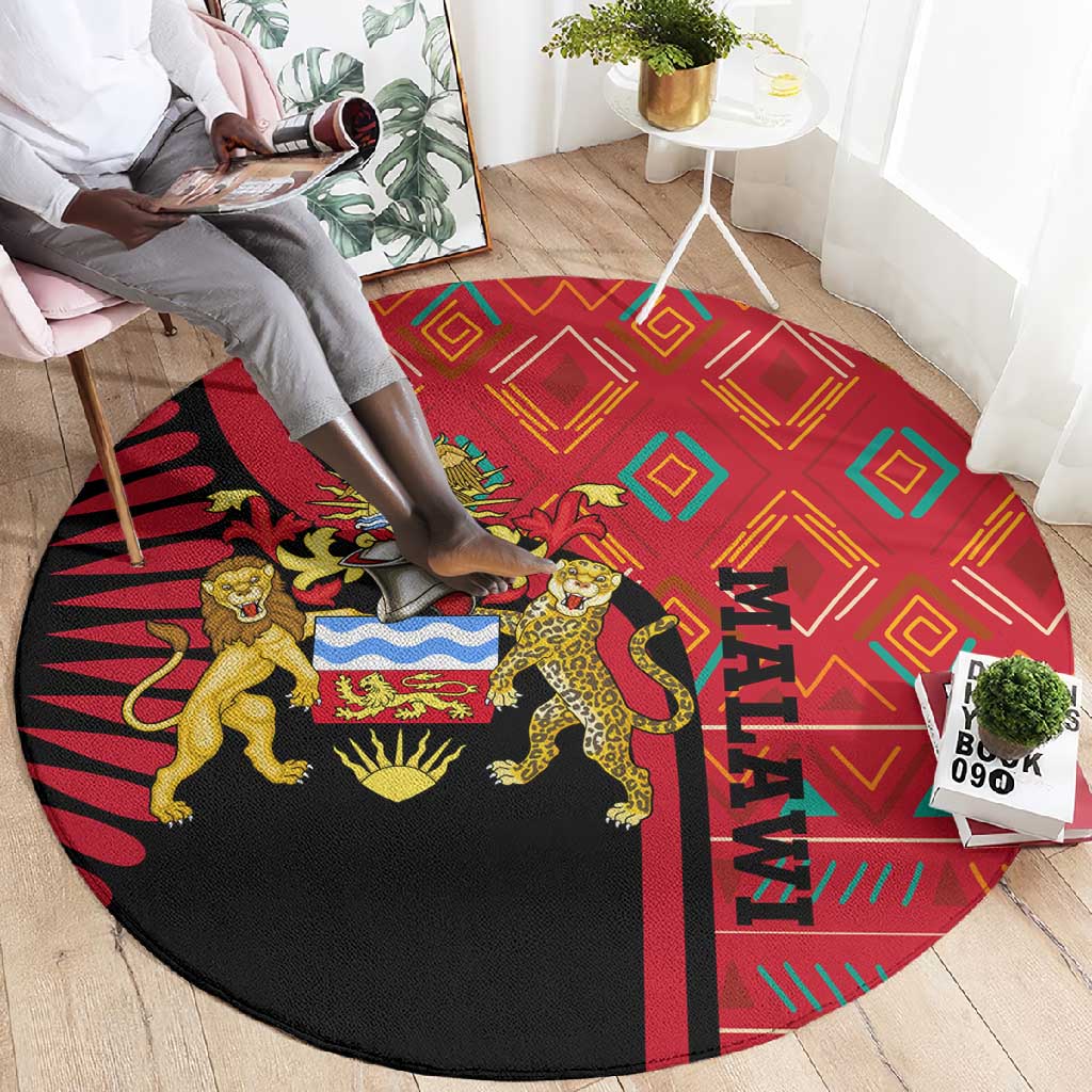Malawi Patterns African Round Carpet Blended with Flag Colors and National Emblem