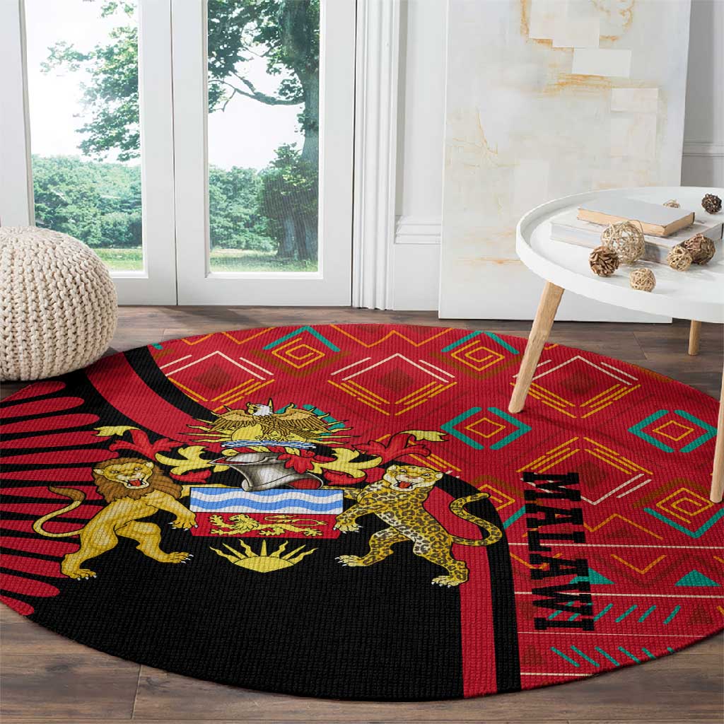 Malawi Patterns African Round Carpet Blended with Flag Colors and National Emblem