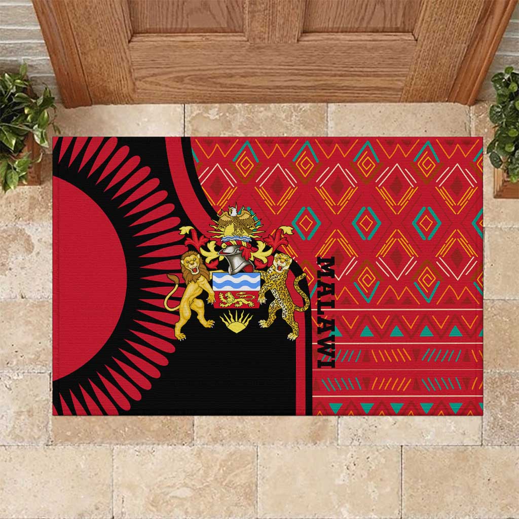 Malawi Patterns African Rubber Doormat Blended with Flag Colors and National Emblem