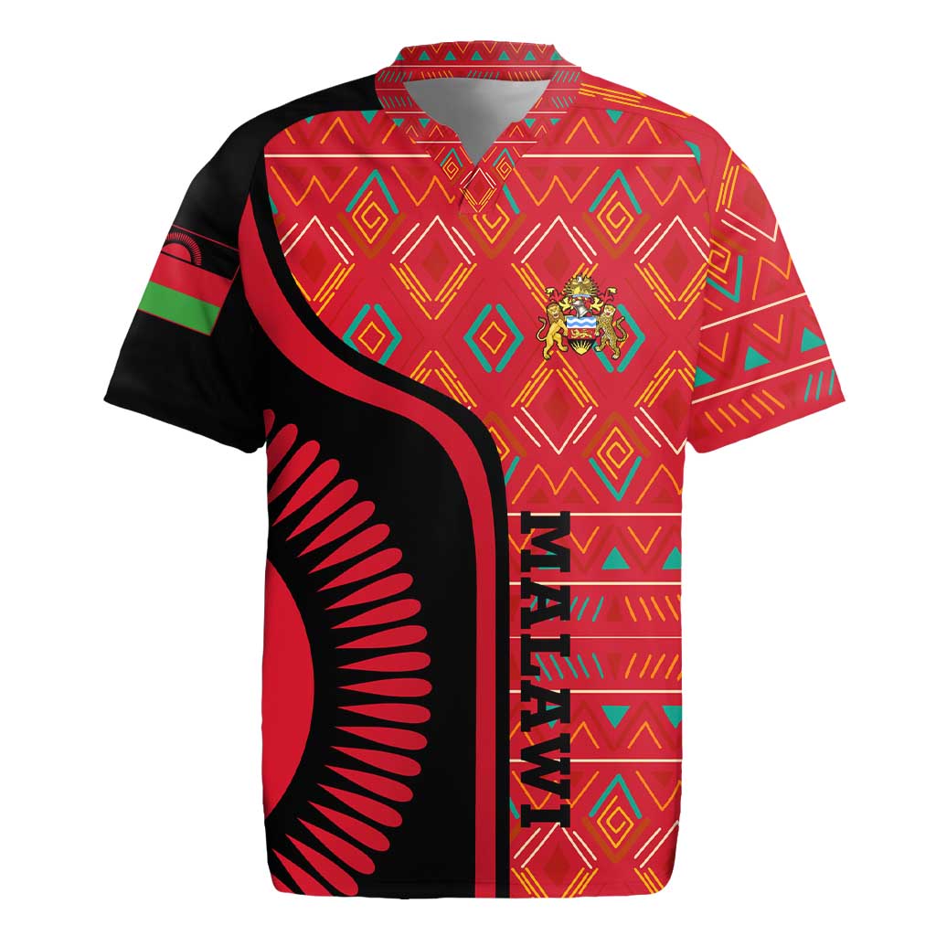 Malawi Patterns African Rugby Jersey Blended with Flag Colors and National Emblem