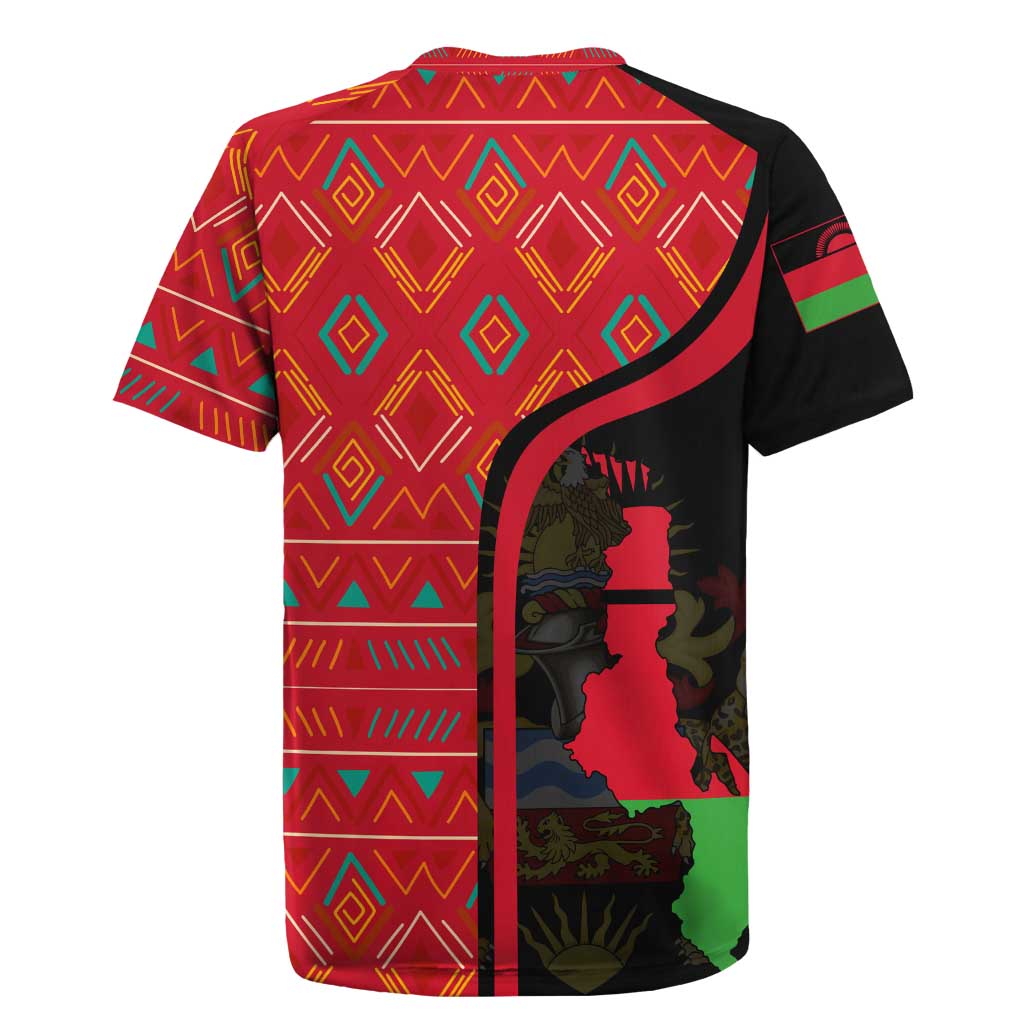 Malawi Patterns African Rugby Jersey Blended with Flag Colors and National Emblem