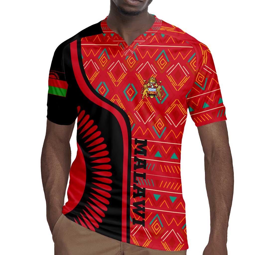 Malawi Patterns African Rugby Jersey Blended with Flag Colors and National Emblem