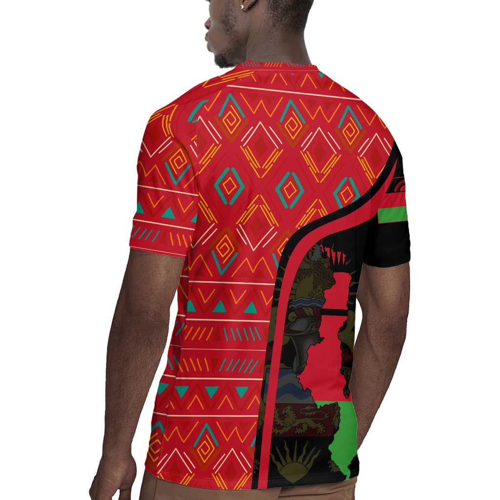 Malawi Patterns African Rugby Jersey Blended with Flag Colors and National Emblem