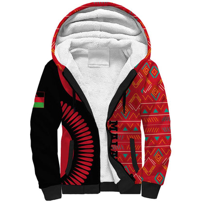 Malawi Patterns African Sherpa Hoodie Blended with Flag Colors and National Emblem