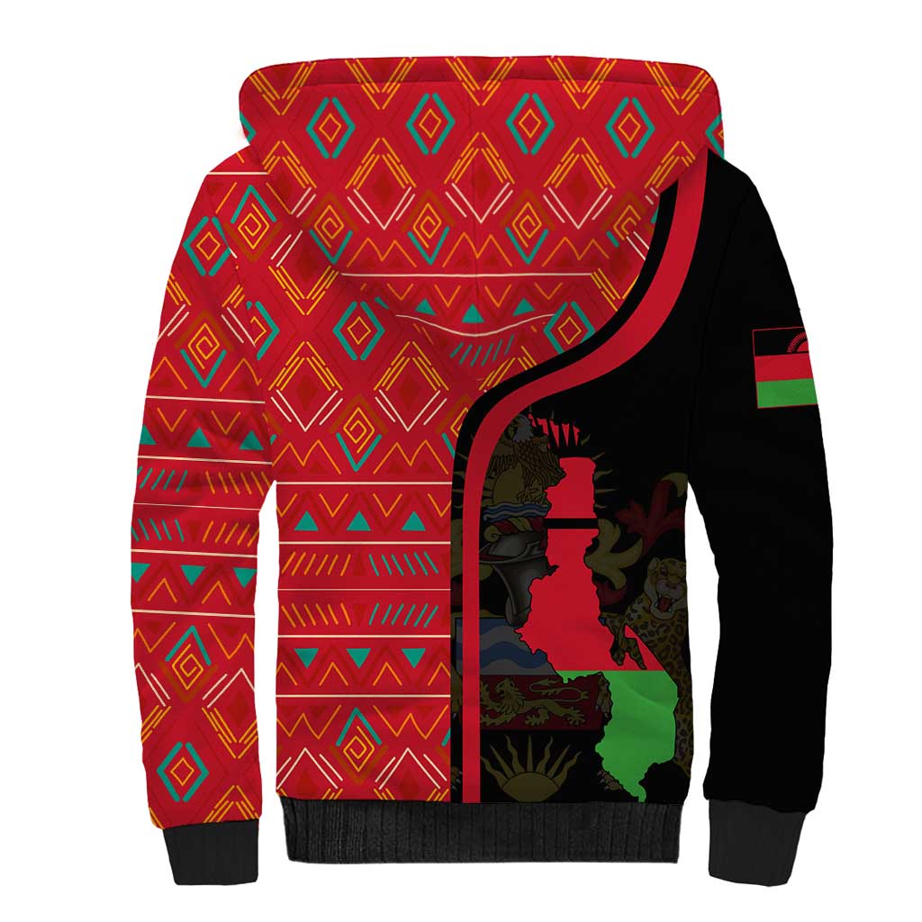 Malawi Patterns African Sherpa Hoodie Blended with Flag Colors and National Emblem