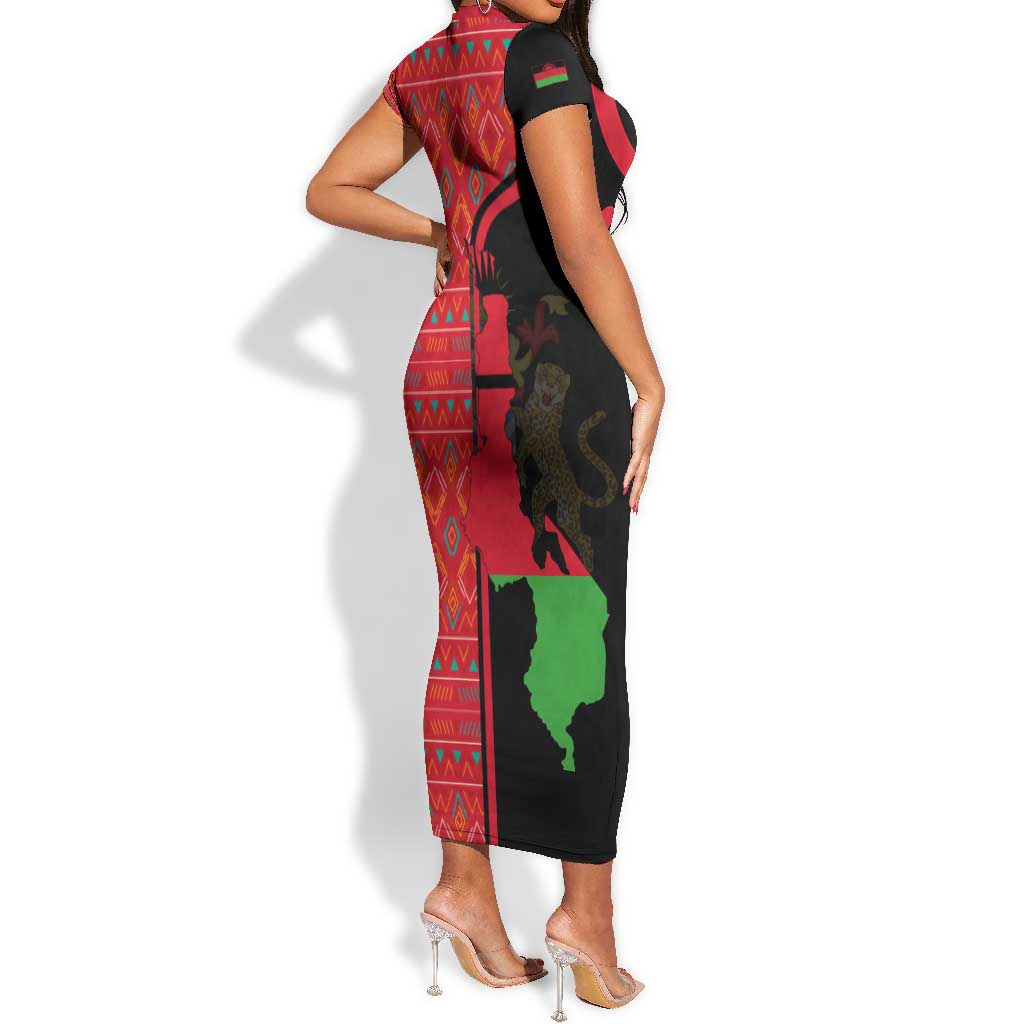 Malawi Patterns African Short Sleeve Bodycon Dress Blended with Flag Colors and National Emblem TS04