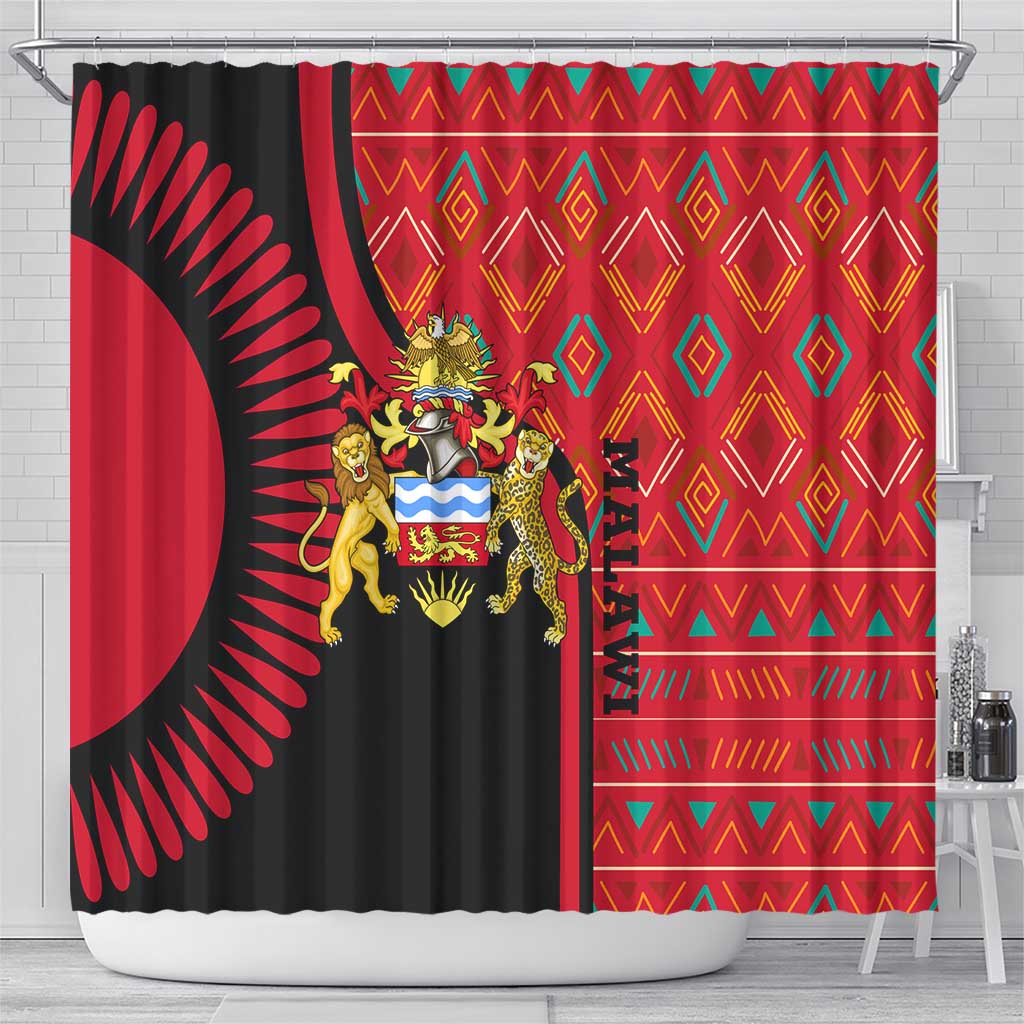 Malawi Patterns African Shower Curtain Blended with Flag Colors and National Emblem