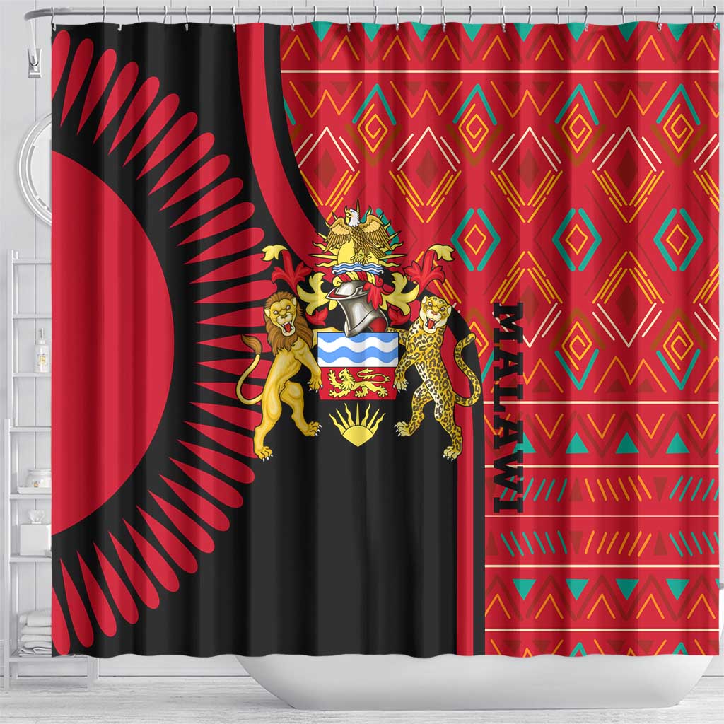 Malawi Patterns African Shower Curtain Blended with Flag Colors and National Emblem